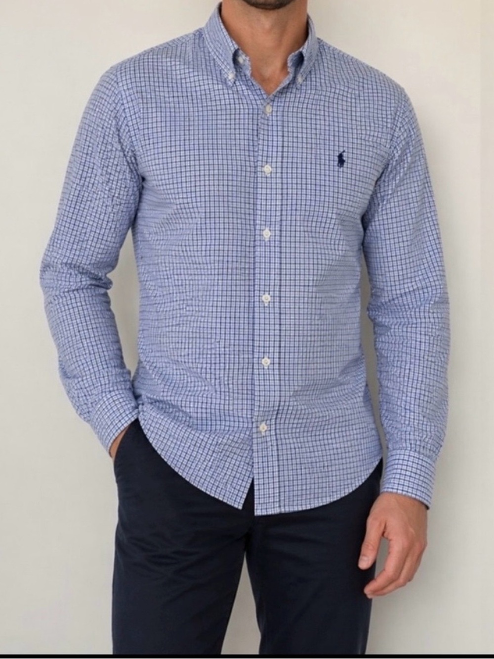 Ralph Lauren Blue and White Check Button-Down Shirt